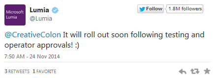 Tweet from Microsoft gives status update on Lumia Denim update - Lumia Denim update coming soon according to message from Microsoft Lumia