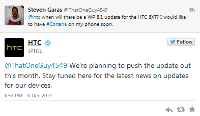 Tweet from HTC reveals plans are on to update the HTC 8XT to Windows Phone 8.1 some time this month - Windows Phone 8.1 expected to come this month to the HTC 8XT