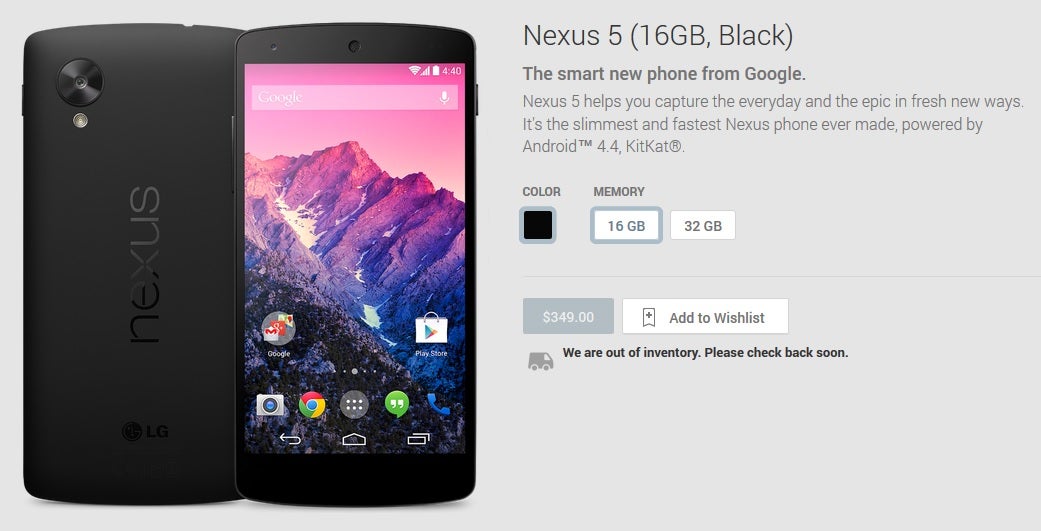 Nexus 5 choices pared down to black-only, out of stock in Google Play