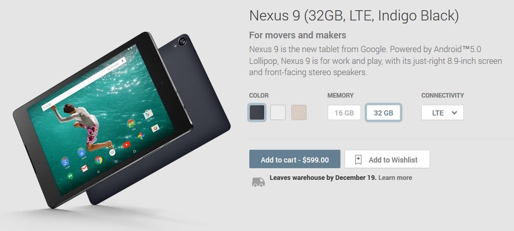 LTE connected and unlocked Nexus 9 available in Google Play, 32GB, $599