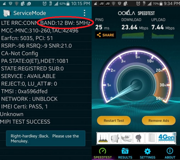 At left, Service Mode on a Samsung Galaxy Note 4 shows the device is using 5MHz x 5MHz LTE Band 12; at right is a screenshot of a speed test, showing the speed of T-Mobile&#039;s 4G LTE network - T-Mobile 700MHz LTE signal (Band 12) spotted in Detroit