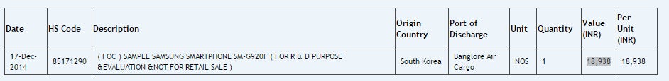 The Zauba entry in question - Samsung Galaxy S6 (SM-G920F) caught at Zauba, imported in India for R&amp;D purposes