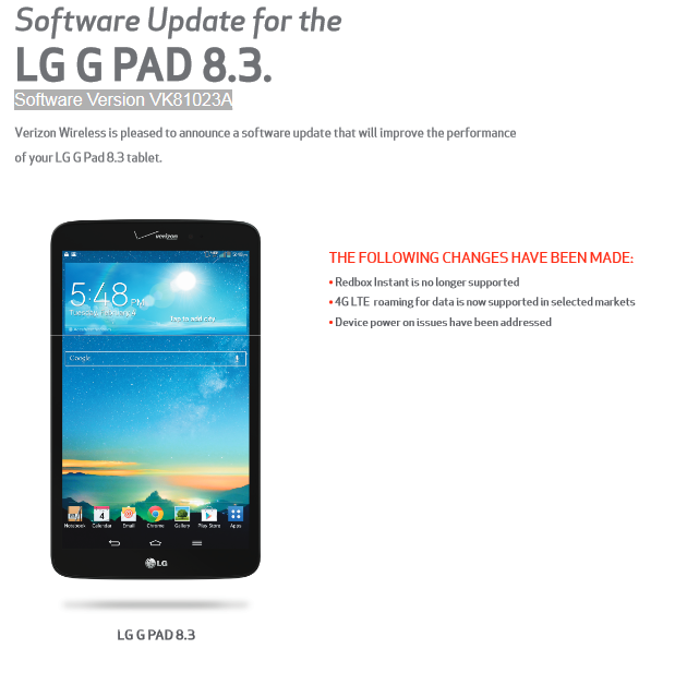 A minor update is available for the Verizon version of the LG G Pad 8.3 - LG G Pad 8.3 for Verizon receives minor update