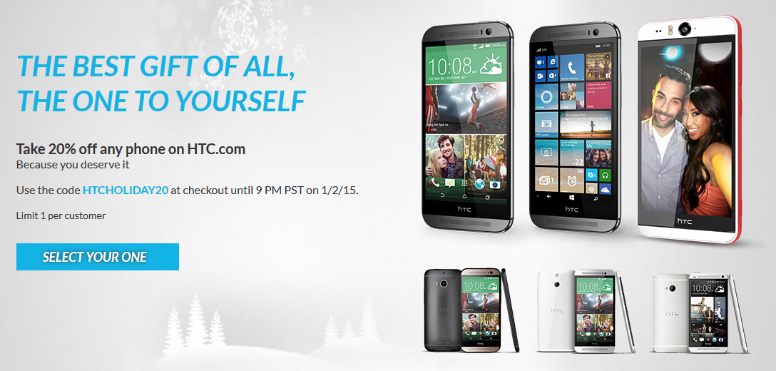 Save 20% on the purchase of an HTC phone - HTC will take 20% off the price of any phone purchased from its website through January 2nd