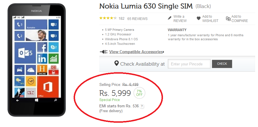 Flipkart has the Nokia Lumia 630 on sale - Nokia Lumia 630 (Single SIM model) priced at $95 in India by Flipkart