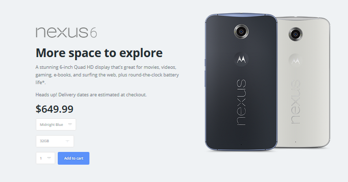 Motorola will ship the Nexus 6 itself starting January 6th - Nexus 6 offered directly from Motorola; phablet starts shipping early next year