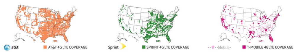 Due to the quick deployment of 4G LTE stations by some carriers, these maps may not represent the most up-to-date actual coverage situation. T-Mobile, in particular, has expanded coverage than what is shown on the map (but this is the latest publicly available map). - 4G LTE / 3G cellular data speed comparison: AT&amp;T vs Verizon Wireless vs Sprint vs T-Mobile