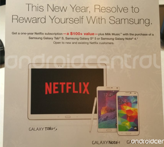 Buy a Samsung Galaxy S5, Samsung Galaxy Note 4 or a Samsung Galaxy Tab S and get a free year of Netflix - Starting Sunday, the purchase of certain Samsung devices will earn you a free year of Netflix