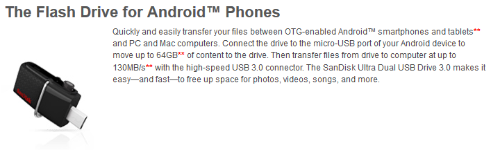 SanDisk has introduced a new flash drive that transfers files between OTG enabled Android devices and PCs or Macs using the micro-USB port on your mobile device - SanDisk flash drive uses your Android phone or tablet&#039;s micro-USB port to transfer files