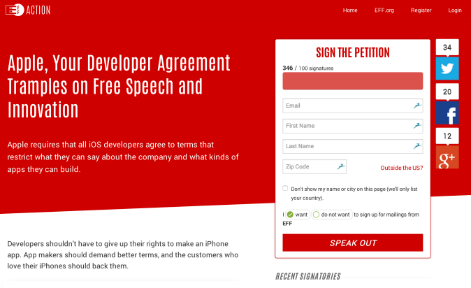 The EFF is starting a petition trying to get Apple to change how it treats developers - EFF has issue with Apple&#039;s Developer agreement, offers new app for Android