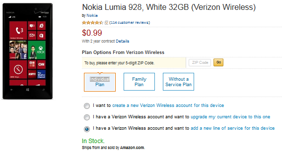 Nokia Lumia 928 can be purchased at a great price from Amazon - Get the Nokia Lumia 928 from Amazon for 99 cents on contract, $274.99 off contract