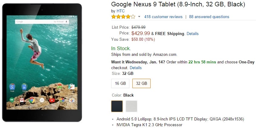 Google Nexus 9 (16 GB and 32 GB) available for $50 off at Amazon