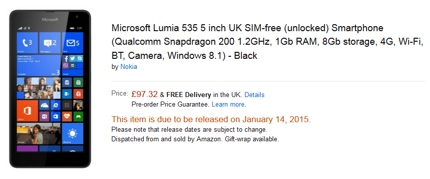 The Microsoft Lumia 535 will be available in the U.K. from Amazon starting tomorrow - Starting tomorrow, Amazon U.K. will sell you the Microsoft Lumia 535 for $147