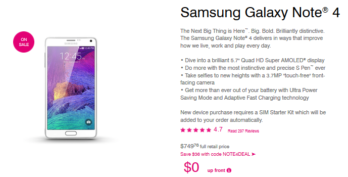 Save $36 on the Samsung Galaxy Note 4 if you order online from T-Mobile before midnight Pacific Time - T-Mobile offers Samsung Galaxy Note 4 online with a $36 discount until midnight PST