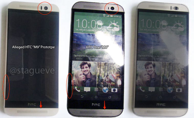 Alleged HTC One (M9) at left with the HTC One (M8) in the middle and a combined overlay of the two models at right - HTC One (M9) pictured next to HTC One (M8); changes seen between the two models