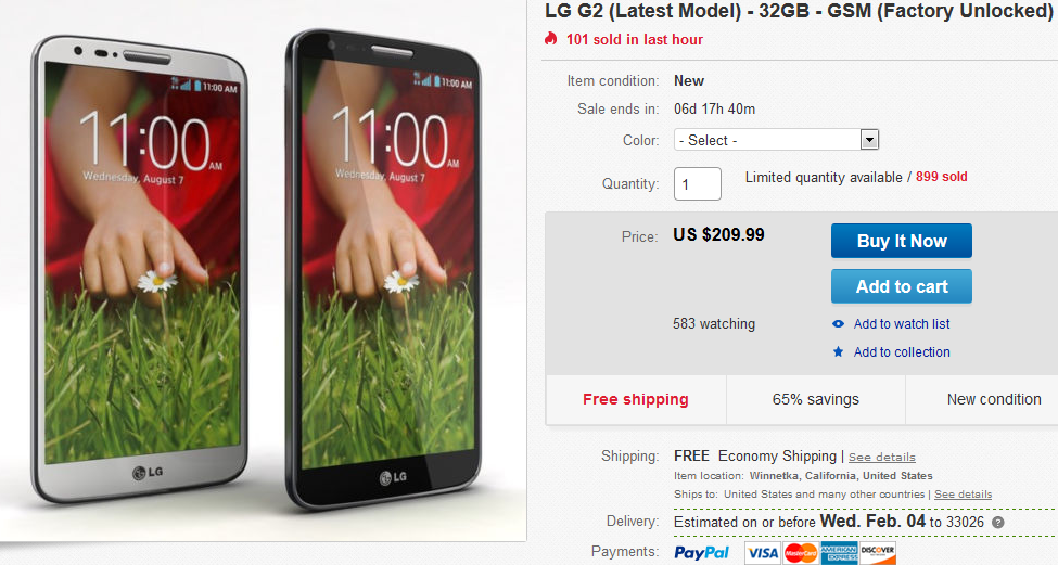 Pick up the LG G2 for a great price on Ebay - $209.99 buys you an unlocked LG G2
