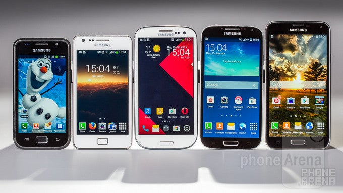 The Samsung Galaxy S family. From left to right – Galaxy S, Galaxy SII, Galaxy SIII, Galaxy S4, and Galaxy S5. - The evolution of Samsung&#039;s TouchWiz UI: From the Galaxy S to the Galaxy S5 (visual comparison)