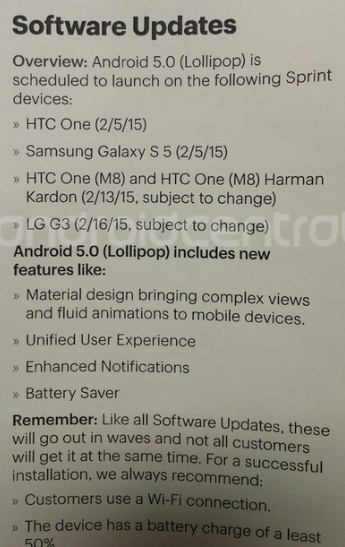 Leaked document reveals when Android 5.0 update will hit Sprint's HTC One (M8) and LG G3 - Leaked document shows when Sprint's HTC One (M8) and LG G3 will each get Android 5.0 update