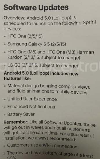 Leaked document reveals when Android 5.0 update will hit Sprint&#039;s HTC One (M8) and LG G3 - Leaked document shows when Sprint&#039;s HTC One (M8) and LG G3 will each get Android 5.0 update