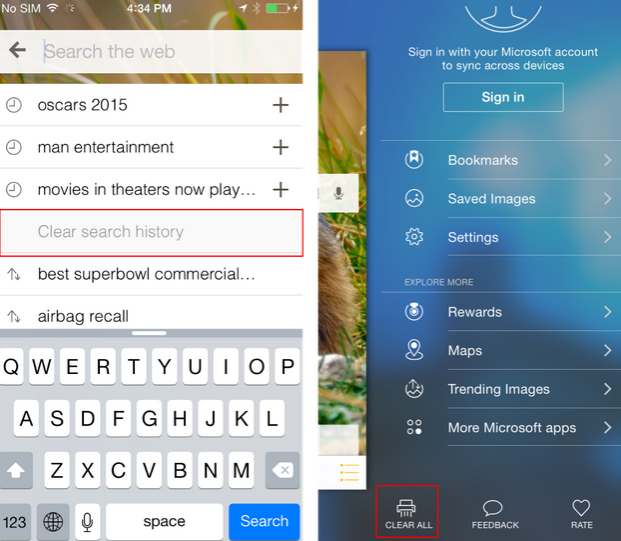 Update to Bing Search for iOS brings a new button to clear search history (L) and a shredder button to clear everything - Bing Search for iOS receives update to version 5.4