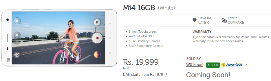 The 16GB Xiaomi Mi 4 is going up for sale in India for the first time - 16GB Xiaomi Mi 4 to be sold in India today via flash sale; 64GB model coming February 24th