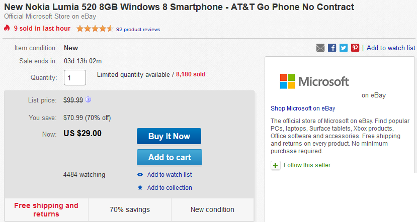 Buy the Nokia Lumia 520 for just $29 on eBay - Microsoft selling Nokia Lumia 520 on eBay for $29