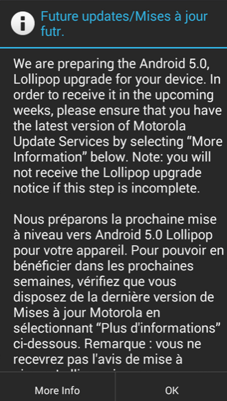 Owners of the OG Motorola Moto G must update Motorola Update Services before they can receive Android 5.0 - Motorola sends out a message to make sure the first generation Motorola Moto G is ready for Lollipop