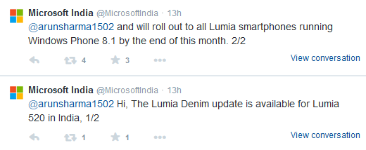 Microsoft India tweets out information about the Lumia Denim update - Microsoft India says that all Lumias (in India?) will have Lumia Denim by the end of this month