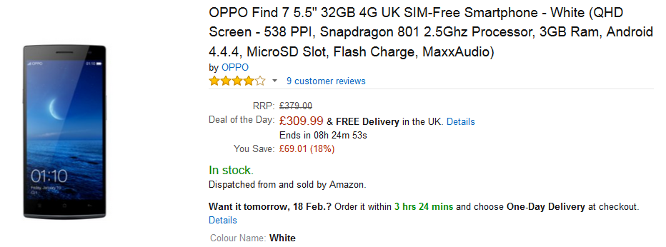 The 32GB Oppo Find 7 has been discounted by 18% for Tuesday only, at Amazon U.K. - You can find the Oppo Find 7 on sale in the U.K. from Amazon for today only