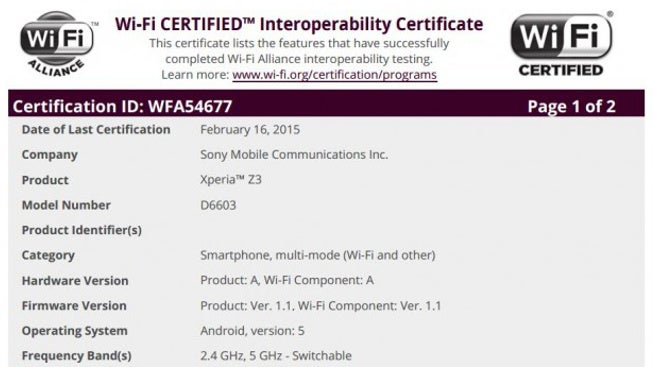 Sony will likely update the Xperia Z3 with Lollipop soon, firmware approved by the Wi-Fi Alliance