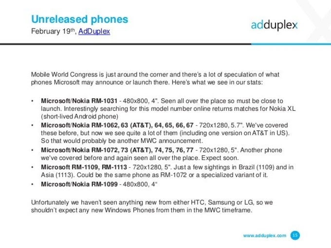 Microsoft might unveil several new Lumia phones at MWC 2015, display sizes and model numbers pop up