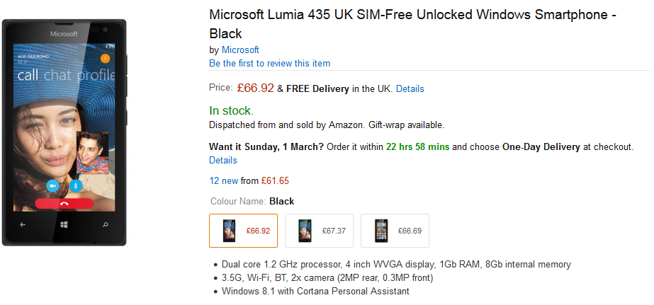 Nokia Lumia 435 now available from Amazon U.K. - Amazon U.K. now offering the Microsoft Lumia 435