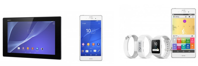 Sony's IF Design Award winners for 2015 from left to right, the Xperia Z2 Tablet, Sony Xperia Z3, Sony Smartband/SmartWatch and the LifeLog app - Sony gets four IF Design Awards, including one for the Sony Xperia Z3