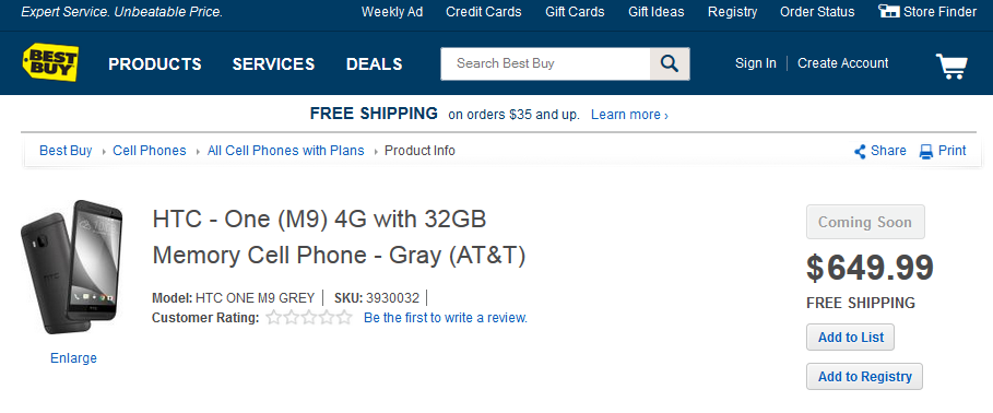 HTC One M9 price listed on Best Buy - Price of HTC One M9 leaks on Best Buy&#039;s site