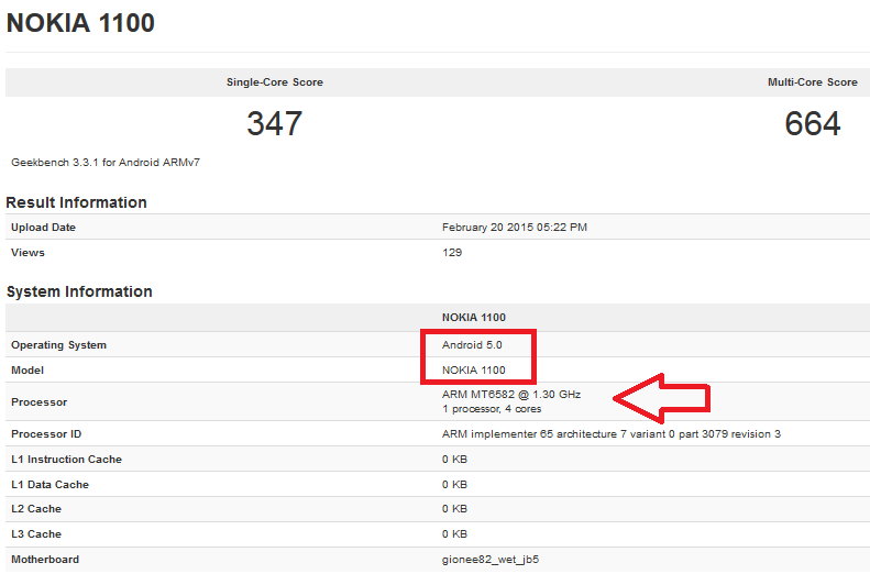 Geekbench test on the Nokia 1100 not due until Q4 2016 - "Nokia 1100" handset being tested for 2016; phone carries quad-core MediaTek chip, Android 5.0