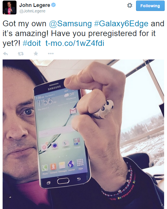 T-Mobile&#039;s John Legere shows off his Samsung Galaxy S6 edge, says it&#039;s &quot;amazing&quot;