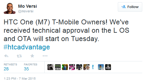 HTC's Mo Versi tweets the good news to T-Mobile customers with the HTC One (M7) - T-Mobile HTC One (M7) to get Android 5.0 update on March 10th