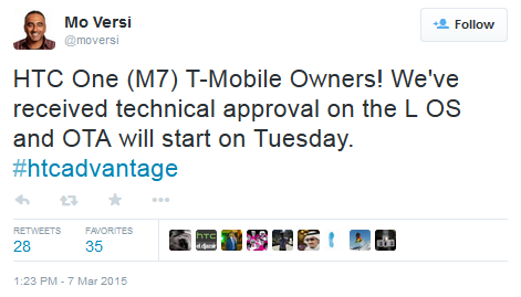 HTC&#039;s Mo Versi tweets the good news to T-Mobile customers with the HTC One (M7) - T-Mobile HTC One (M7) to get Android 5.0 update on March 10th