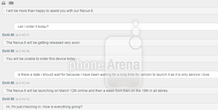 Nexus 6 to launch March 12th for Verizon's online customers, a week later in the stores - Verizon rep confirms March 12th launch online for Nexus 6, in stores March 19th