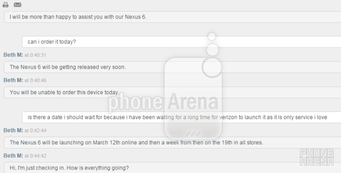 Nexus 6 to launch March 12th for Verizon&#039;s online customers, a week later in the stores - Verizon rep confirms March 12th launch online for Nexus 6, in stores March 19th
