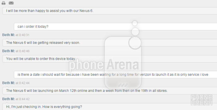 Nexus 6 to launch March 12th for Verizon's online customers, a week later in the stores - Verizon rep confirms March 12th launch online for Nexus 6, in stores March 19th