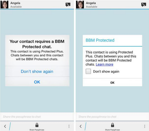 Image on left shows the screen seen by a BBM Protected subscriber while the screen at right is what the non-subscriber sees - BBM Protected offers secure IM chats for iOS, BlackBerry and Android users in the enterprise