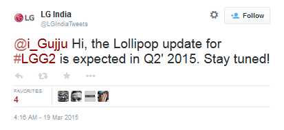 Indian LG G2 owners should get their Android 5.0 update next quarter - LG India says it will update the LG G2 to Lollipop in the second quarter