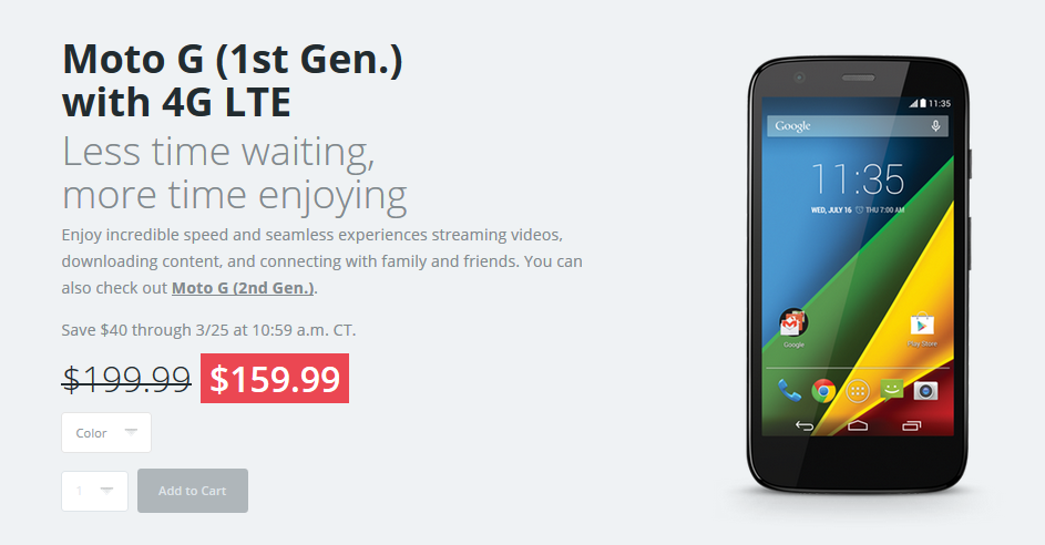 Get the first-gen Motorola Moto G LTE for just $159.99 until tomorrow afternoon - First-gen Motorola Moto G LTE just $159.99 from the manufacturer