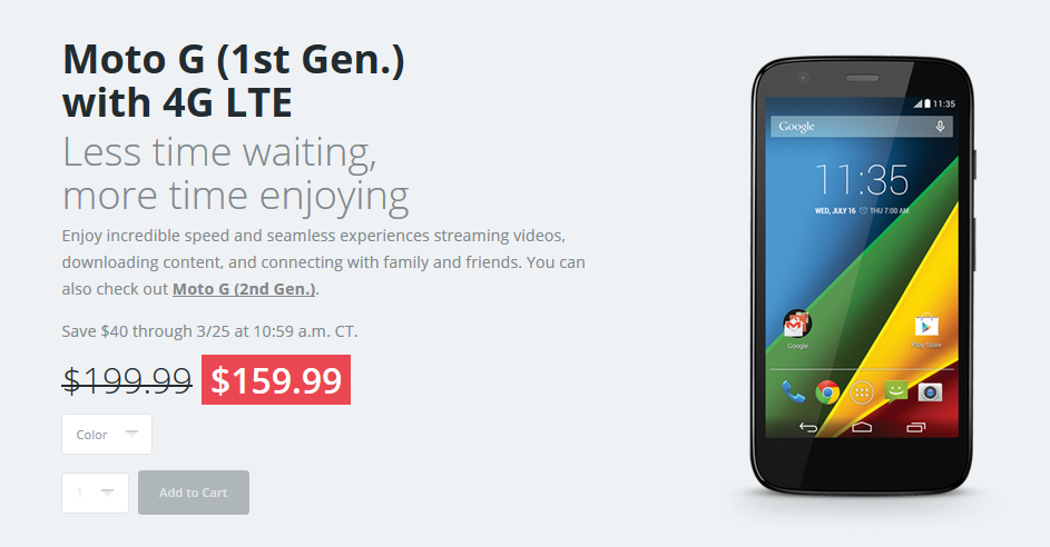 First-gen Motorola Moto LTE just $159.99 from the manufacturer -