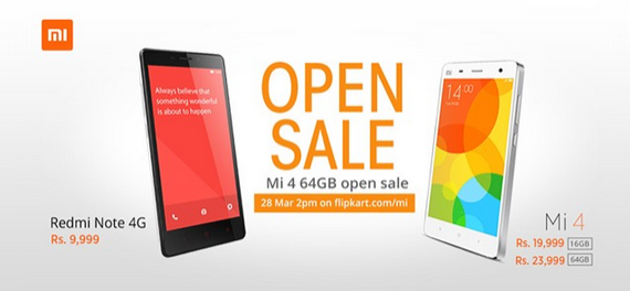 Xiaomi will have the 16GB and 64GB Mi 4 and the Redmi Note 4G available via open sales - Xiaomi to hold more open sales in India starting today; stocks of Xiaomi MiPad are replenished