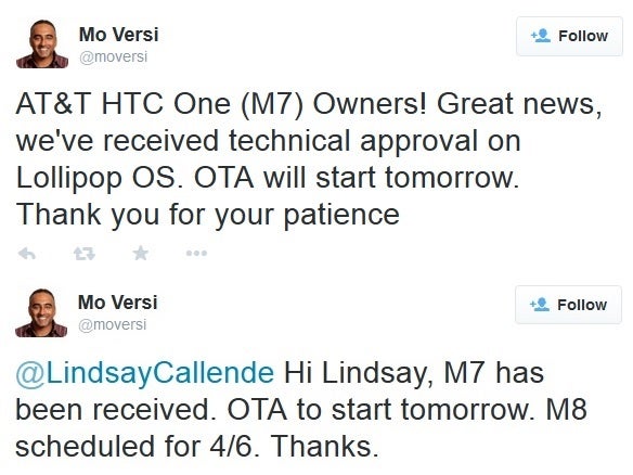 HTC One (M7) on AT&amp;T to begin receiving Android Lollipop update Tuesday, HTC One (M8) on April 6