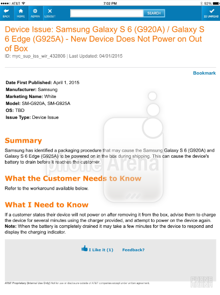 Memo to AT&T reps reveals problem with the box used to ship the Samsung Galaxy S6 and Samsung Galaxy S6 edge - Issue with box is turning on AT&T customers' Samsung Galaxy S6/Galaxy S6 edge while in transit