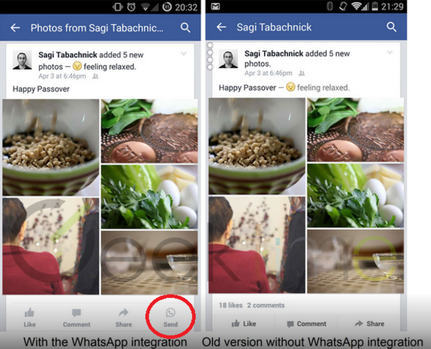 New button allows Facebook users to share news with WhatsApp subscribers - Facebook starts to integrate with its WhatsApp messaging app