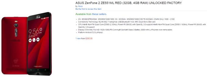 Asus Zenfone 2 with 4 GB RAM pops up on Amazon with a sub-$400 price tag